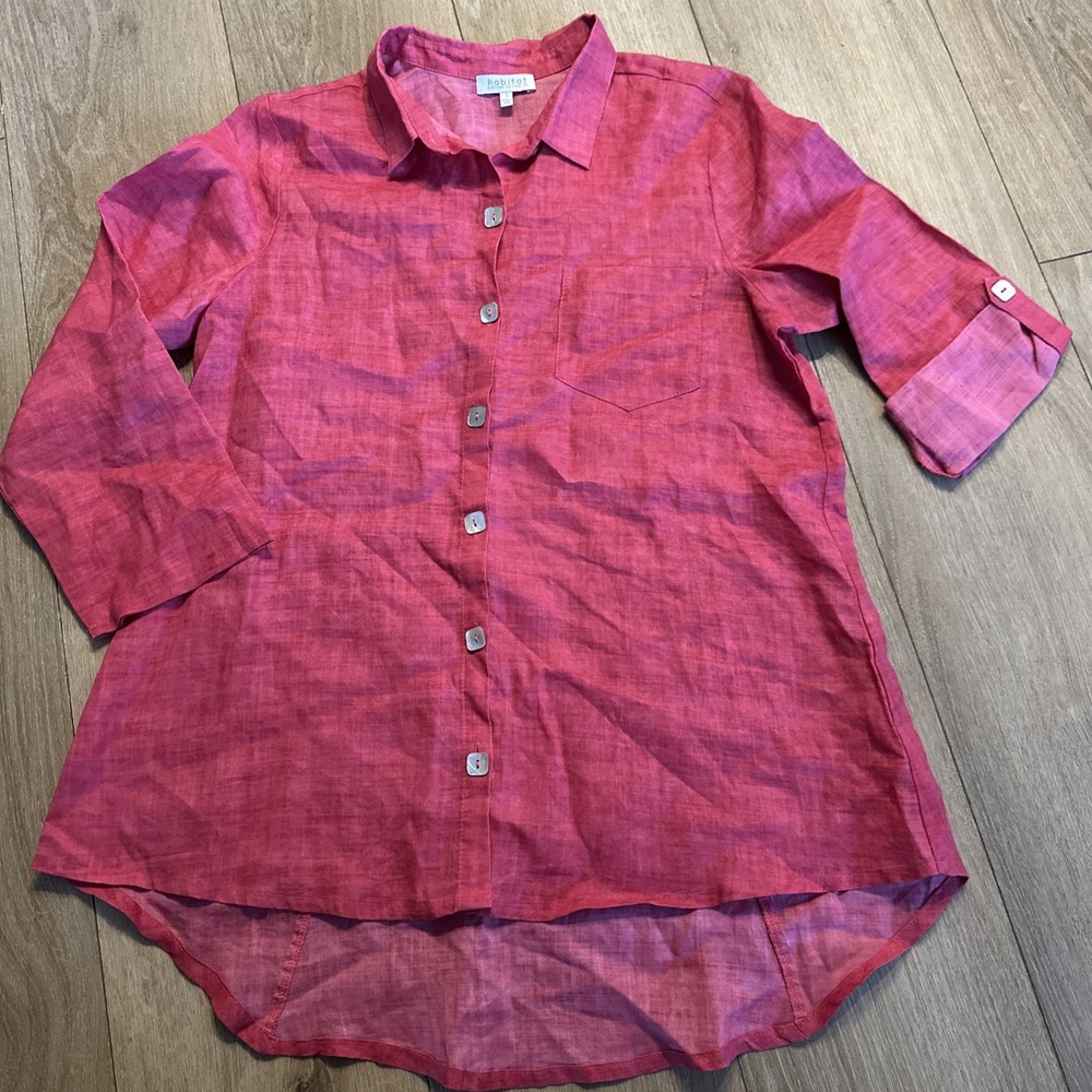 Habitat Top Womens Medium Red Linen Button Up Roll Tab Tunic Beachy Coastal Sm
